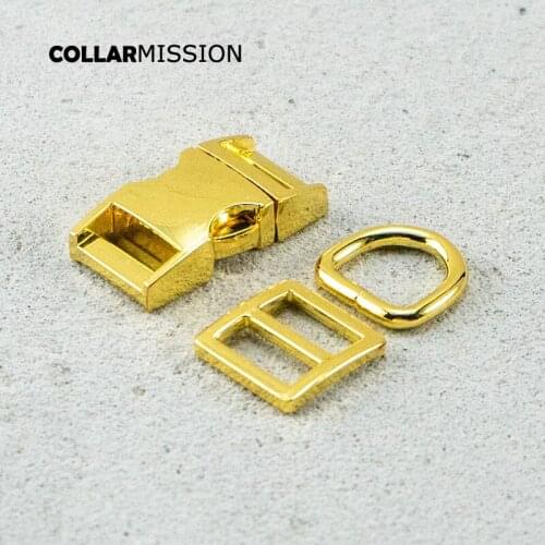 Metal buckle+Tri-Glid+D ring/set) Retailing yellow gold 15mm metal plated buckle for DIY dog collar set harness DIY accessories