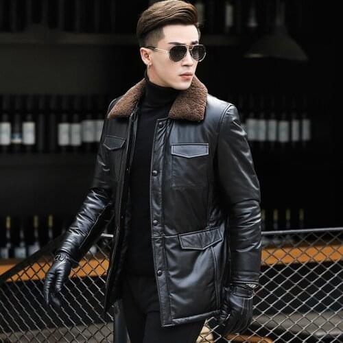 Genuine Leather Jacket Winter Real Cow Leather Jacket Natural Lamb Fur Collar Warm Down Jackets L17-122 YY328