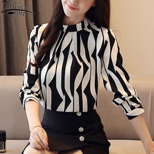 2021 New Fashion Women Blouse Long Sleeved Printed Women Top Stand Collar Blouses Beautiful Slim Fit Office Lady Blusa 0941 40