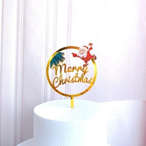 2021 New Merry Christmas Cake Topper Gold Deer Santa Claus Acrylic Cake Topper For Xmas Party Cake Decorations Christmas Decor
