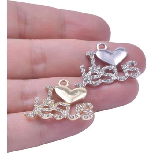 10pcs/lot Crystal I Love Jesus Pendant Charms For Jewelry Making Supplies Heart Rhinestone Handmade Accessories Vintage Jewelry
