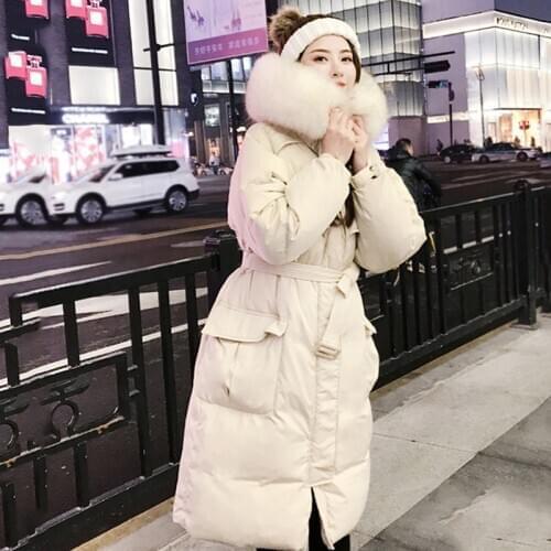 2019 Korean version new style down jacket over knee long style thickened female coat waist large wool collar hooded women coats