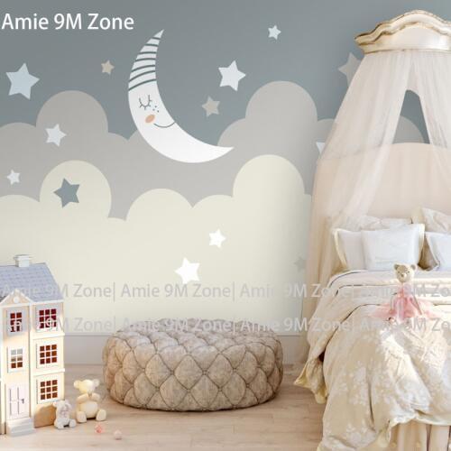 Nordic cream and pale grey moon and cloud pattern for home kids decoration for bedroom wallpaper decor