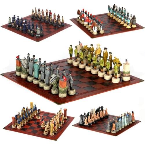 Theme Chess War Hand-Painted Chess Pieces With Embossed Leather Chess Board 32 Pieces Luxury Chess Resin Chess