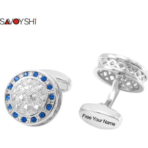 SAVOYSHI High quality Cufflinks for Mens Gift Round Blue Crystals Cuff Links Brand Man Shirt Cuffs Accessories Free carving name
