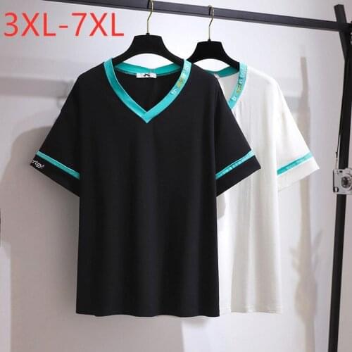 New 2021 Ladies Summer Plus Size Tops For Women Large Short Sleeve Loose Cotton White Stripe V-neck T-shirt 3XL 4XL 5XL 6XL 7XL