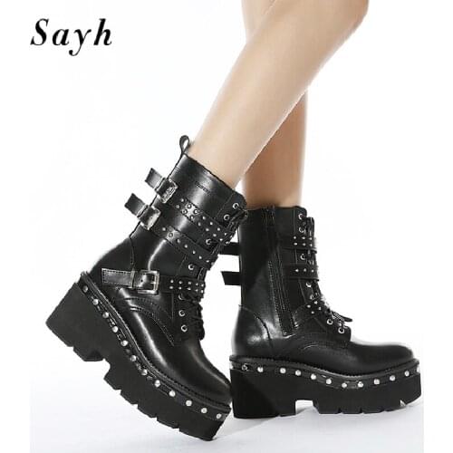 Women Ankle Boots Pu Leather Round Toe Platform Chunky Heels Studded Rivet Rome Punk Ankel Boots Shoes