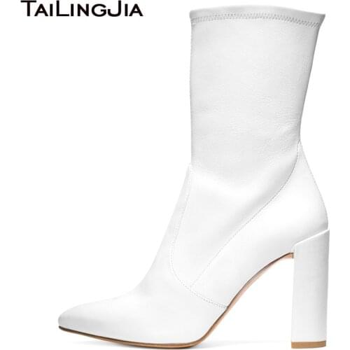 Women Chunky Heel White PU Leather Sock Booties Black Stretch Mid Calf Boots for Lady Pointy Toe Female Spring Autumn Shoes 2018