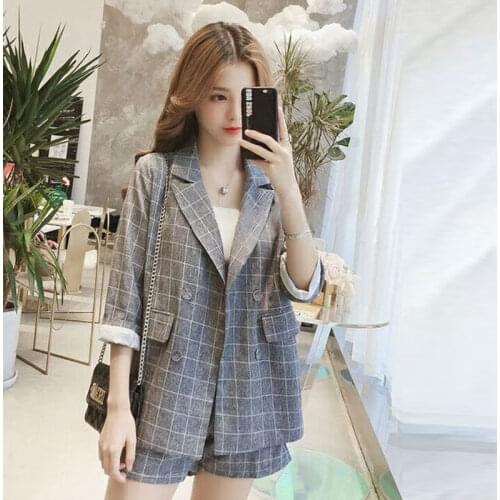 2021 New Design Temperament Slim Plaid Jacket Coat Two Piece Set Double Breasted Blazer+Shorts Women Casual Suit 5XL Plus Size