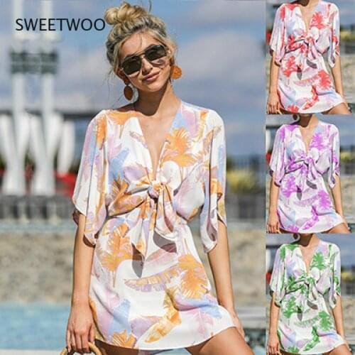 2021 European and American Summer New Style Printed Bowknot V-Neck Seaside Holiday Short Skirt Dress New
