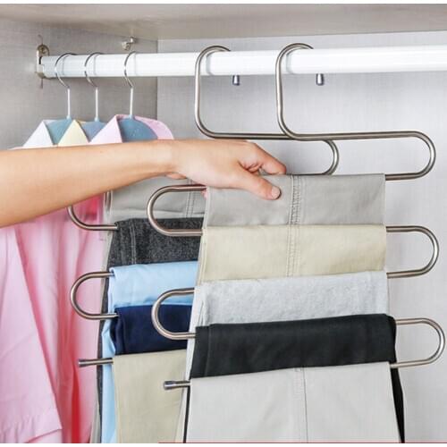 2Pcs Stainless Steel Pants Hanger Rack S Shape Clothing Trousers Hangers Closet Pants Organizer 5-Layer Wardrobe Storage Shelf
