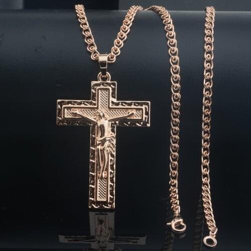 3.5cm Wide Women Cross Pendant Men 585 Rose Gold Color Link Chain