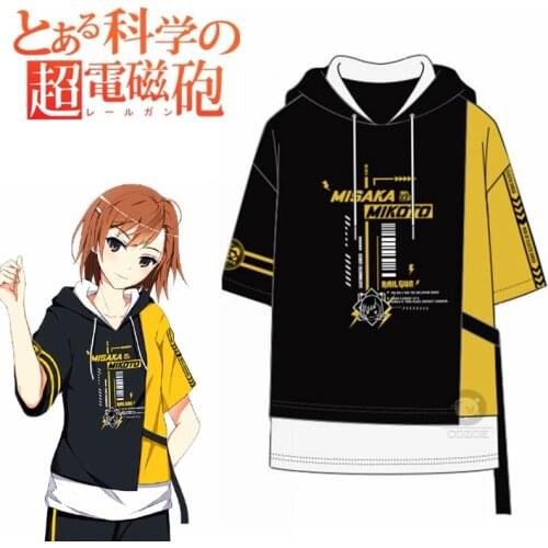 Anime Toaru Kagaku no Railgun Misaka Mikoto Cosplay T-Shirts Short Sleeve Hooded Top Unisex Patchwork Cotton Shirt