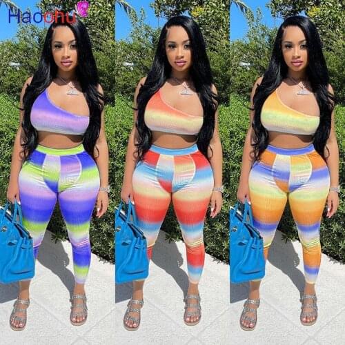 HAOOHU Rainbow Striped Womens Set Outfits Acitve Knit Crop Top and Legging Pants Two Piece Set Sexy Tracksuit Sweatsuit