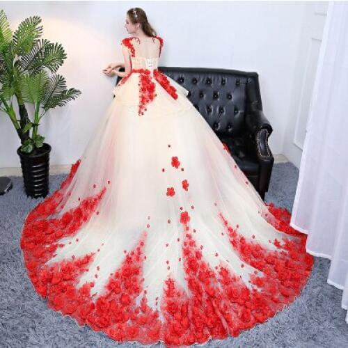 Red flowers fairy trailing princess medieval dress Renaissance Gown queen cosVictoria/Marie Antoinette Belle Ball/customs make