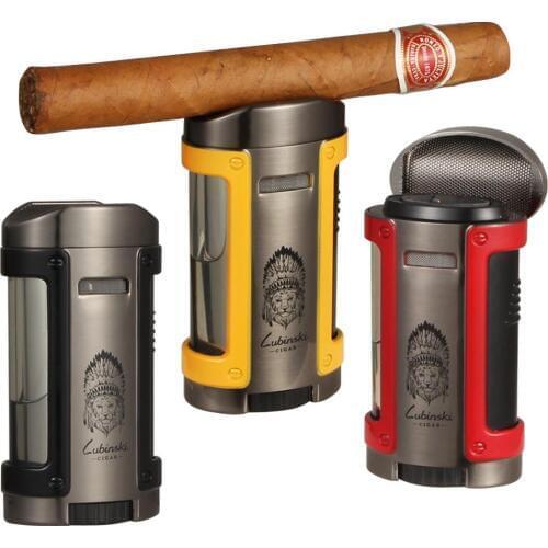 LUBINSKI Windproof Cigar Lighter Metal Portable Blue 4 Torch Flame Home Lighter Puro Holder Top Smoking Lighters W Case Gift Box