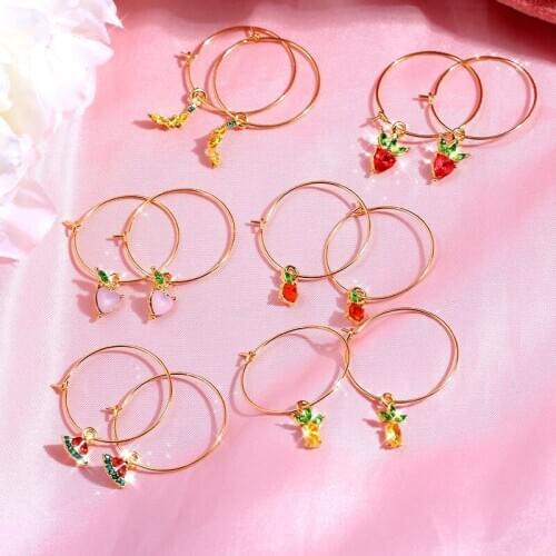 JJFOUCS Cute Sweet Hoop Earrings Crystal Apple Cherry Grape Fruits Gold Color Earrings Exquisite Student Girl Jewelry Party Gift
