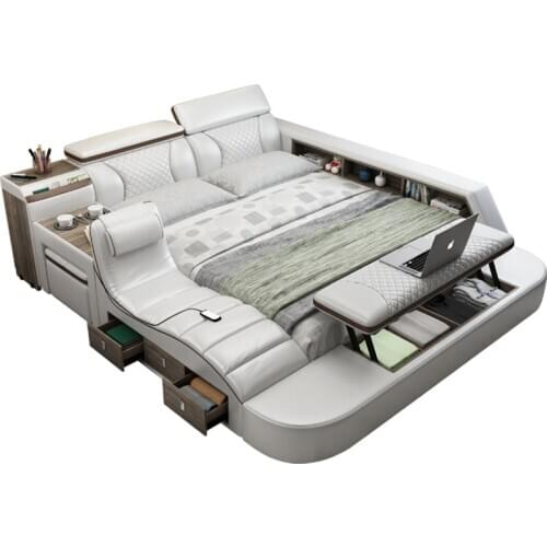 Genuine Leather multifunctional massage bed frame modern Nordic camas ultimate bed With storage LED light Bluetooth dresser safe