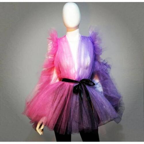 Trendy Multi Color V Neck Long Sleeve Blouse With Black Belt Sexy See Through Tulle Women Fashion top Custom made Any color Free