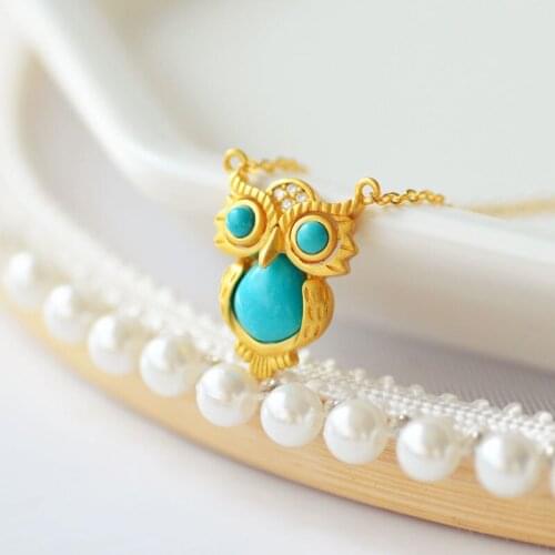 New Silver Inlaid Turquoise cubic zirconia owl shape Chinese style retro unique ancient gold craft charm womens brand jewelry