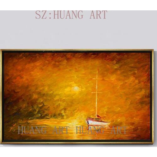 Hand-painted modern knife painting seascape oil painting sea red boat decorated hall bedroom hotel lobby restaurant