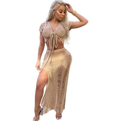 Sexy Hollow Out 2 Piece Summer Beach Dresses Women 2018 V-neck Crochet Knitted See Through Clubwear Bodycon Maxi Dress Swimwear