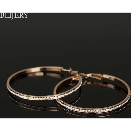 BLIJERY Sparkling Rhinestones Hoop Earrings Simple Big Circle Earrings Gold Silver Color Hoop Earrings For Women Wedding Party