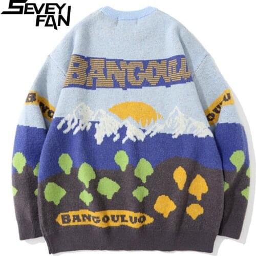 SEVEYFAN Mens Cartoon Scenery Jacquard Sweater Harajuku Loose O Neck Cotton Pullover Knitwear for Couples