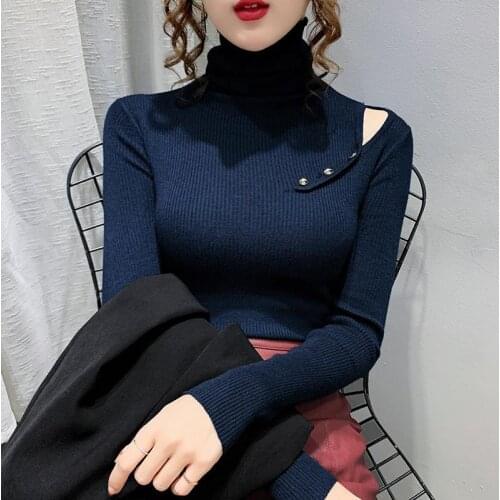 Turtleneck Sweater Fashion Sexy Hollow-out Off-shoulder Button Slim Knitted Pullover Sweatwes Plus Size Winter Clothes for Women
