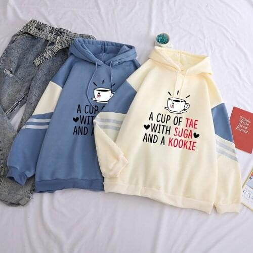 Female Hoodie A CUP OF TEA WITH SUGA AND A KOOKIE Printing Autumn Winter Warm Fashion Contrast Color Patchwork Pullover Spliced