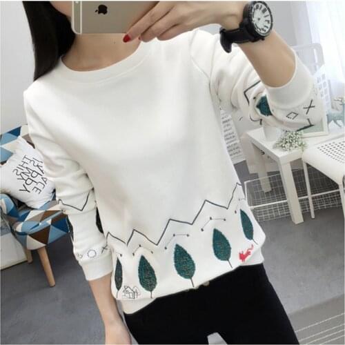 2019 New Autumn Winter Women T-shirt Kawaii Embroidery Long Sleeve T-shirt Velour Inside Thicken Warm Pullover Sweatshirt