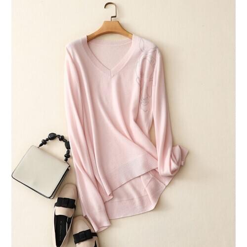 100% Cashmere v neck long sleeve pink sweaters women oversized casual long pullovers