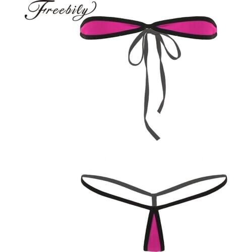 Women Sexy Swimsuit Self-tie Mini Micro Bikini Set Strapless Tie-on Tube Bra Tops with G-String Thongs Swimwear Bathing Suit
