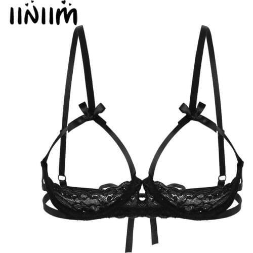 Womens Erotic See Through Sheer Lace Lingerie Bra Hole Open Nipples Cups Sissy Evening Party Back Tie Up Underwired Bra Tops