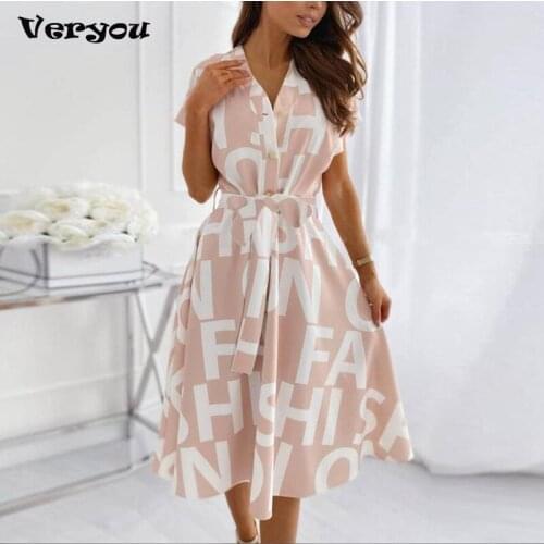 2021 Women Elegant Sexy V Neck A-Line Dress Summer Short Sleeve Lace-up Belted Shirt Dress Letter Print Short Sleeve Shirt Dress