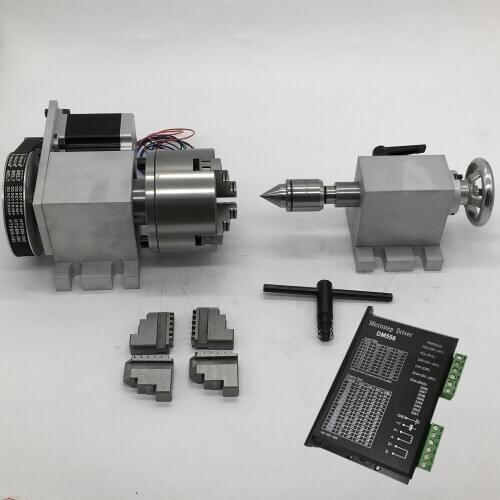 4 Axis rotation A Axis Rotary Driver 4 Jaw 80mm K12-80 Chuck and Nema23 stepper motor Tailstock kit for wood CNC Milling Router