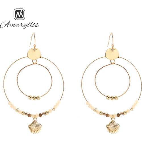 Amaiyllis Bohemia Marine Style Earrings Big Circle Statement Dangle Earrings For Women Vacation Beads Shell Charms Drop Earrings