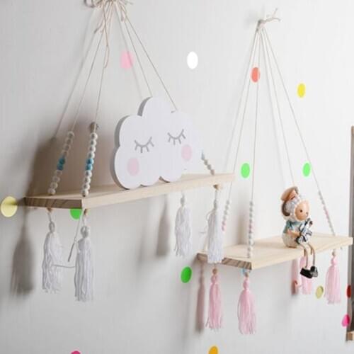 Baby Room Decorative Shelve Wood Nordic Cotton String Wall Storage Shelves Tassel Gift for Home Decor Kid Room Shelf