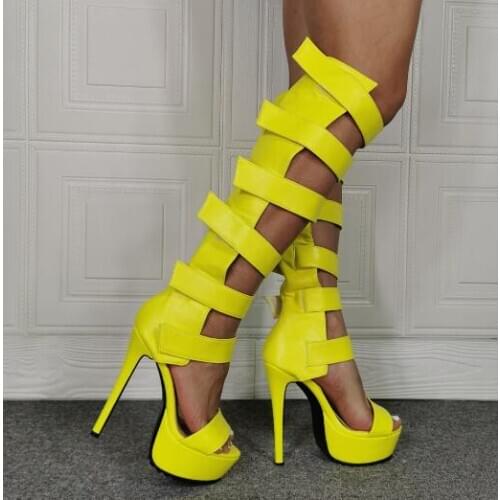 Dipsloot Lemon Yellow White Leather Hook & Loop Knee High Sandals Boots Woman Performance Platform Peep Toe Gladiator booties