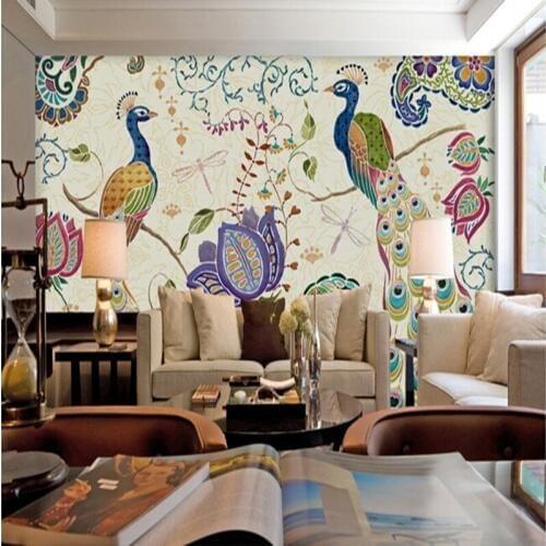 Drop Shipping photo Wallpaper Sofa Living Room TV Background Wallpaper Modern Peacock Blue Feather Oil Painting Wallpaper Mural