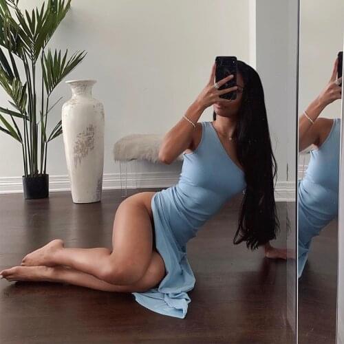 Hirigin Summer One Shoulder Dress Women Fashion Sleeveless Regular Ribbed Sexy Party High Split Women Dresses Vestidos Robes