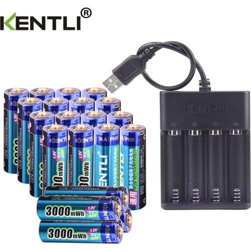 KENTLI 1.5V 3000mWh lithium li-ion AA aa rechargeable battery +4 Channel polymer lithium li-ion battery batteries charger