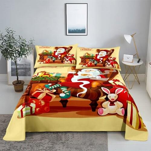 Christmas Present0.9/1.2/1.5/1.8/2.0m Digital Printing Polyester Bed Flat Sheet With Pillowcase Print Bedding Set