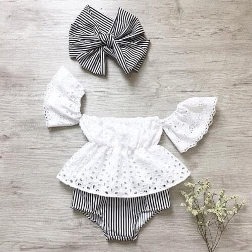 0-24M Baby Girls Striped Set Infant Kids Off Shoulder Tops Shorts Headband 3Pcs Summer Clothes Outfits