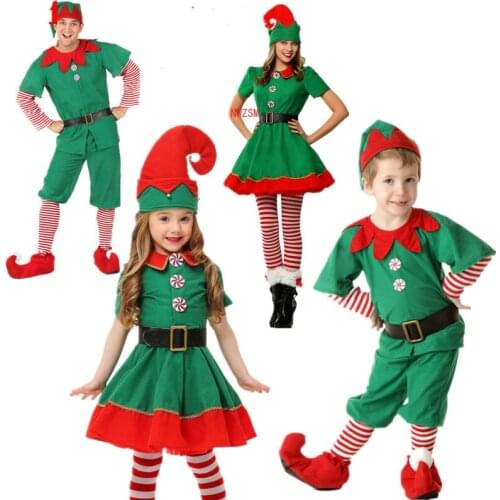 2018 Women Men Boy Girl Christmas Elf Costume Kids Adults Family Green Elf Cosplay Costumes Carnival for Party Supplies Purim