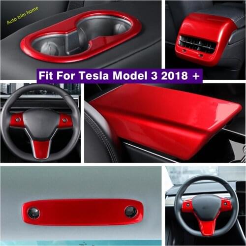 Red Interior Refit Kit Steering Wheel / Rear Air AC / Reading Lamps / Water Cup Holder Cover Trim For Tesla Model 3 2018 - 2021
