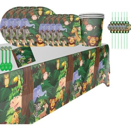 Cartoon Jungle Animal Disposable Party Tableware Sets Kids Birthday Safari Party Decor Baby Shower Forest Theme Party Supplies