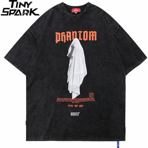 Men Hip Hop Streetwear Oversize Washed T-Shirt Middle Finger Ghost Print T Shirt 2021 Summer Short Sleeve Harajuku Cotton Tshirt