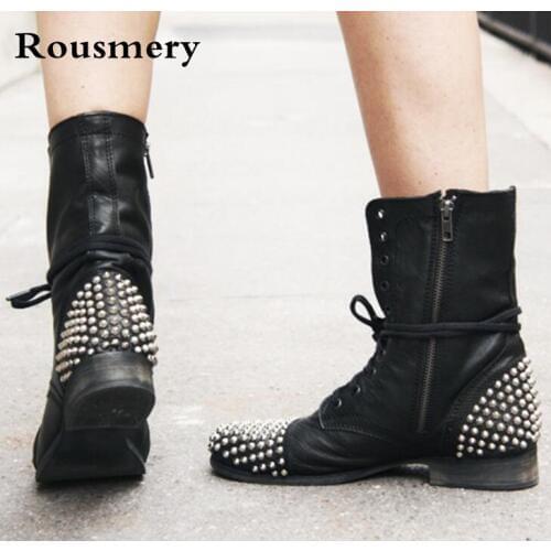 2018 Spring New Brand Women Black Spike Rivets Lace Up Zipper Flat Short Ankle Booties Motorcycle Punk Boots Big Size 46