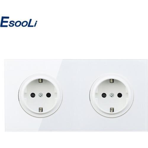 Esooli Crystal Tempered Pure Glass Panel 16A Double EU Standard Wall Power Socket Outlet Grounded With Child Protective Lock